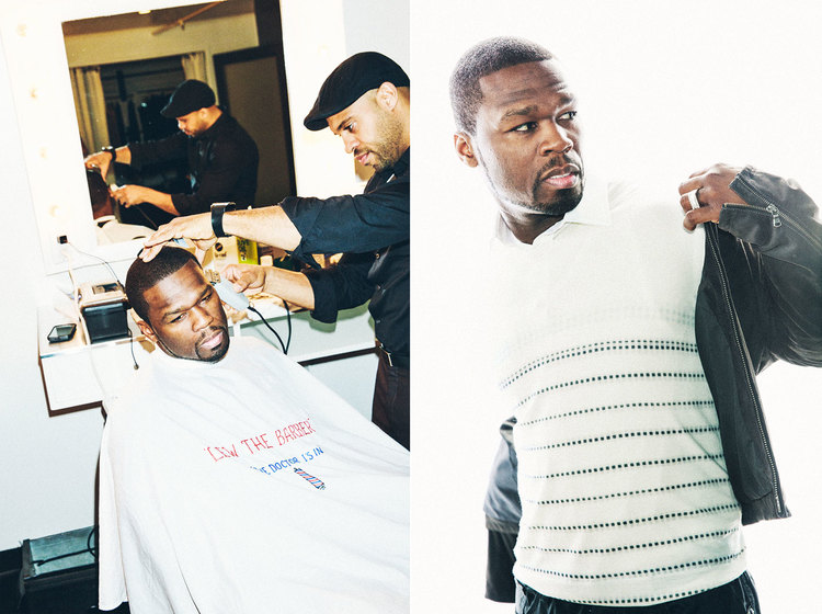 Split shot of 50 Cent getting a haircut by a barber, and posing in white collared shirt and black leather jacket on white backdrop.