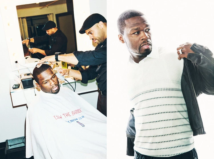Split shot of 50 Cent getting a haircut by a barber, and posing in white collared shirt and black leather jacket on white backdrop.