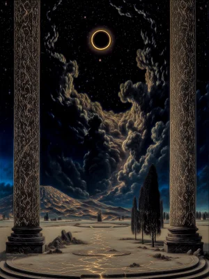 Fantasy landscape framed by two tall stone columns overlooking a total solar eclipse above billowing clouds and glowing ground.