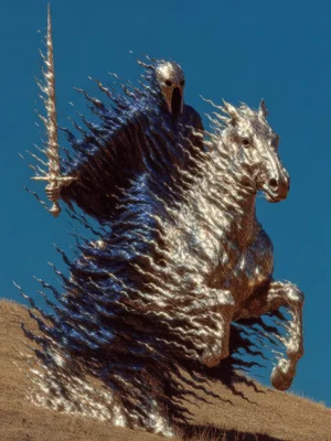 Surreal metallic figure with a golden sword riding a shimmering textured horse across a dry hill under a clear blue sky.