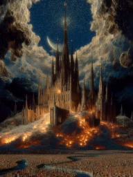 Intricate Gothic fantasy castle rising above glowing fiery clouds against a starry night sky with a crescent moon over a sprawling city.