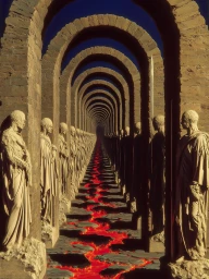Surreal digital artwork of stone archways lined with classical statues leading to an infinite corridor with flowing red molten lava.