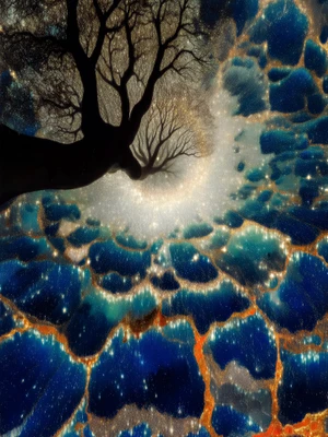 Surreal artwork featuring a dark silhouette of a bare tree against glowing cellular pools of deep blue and shimmering gold light.