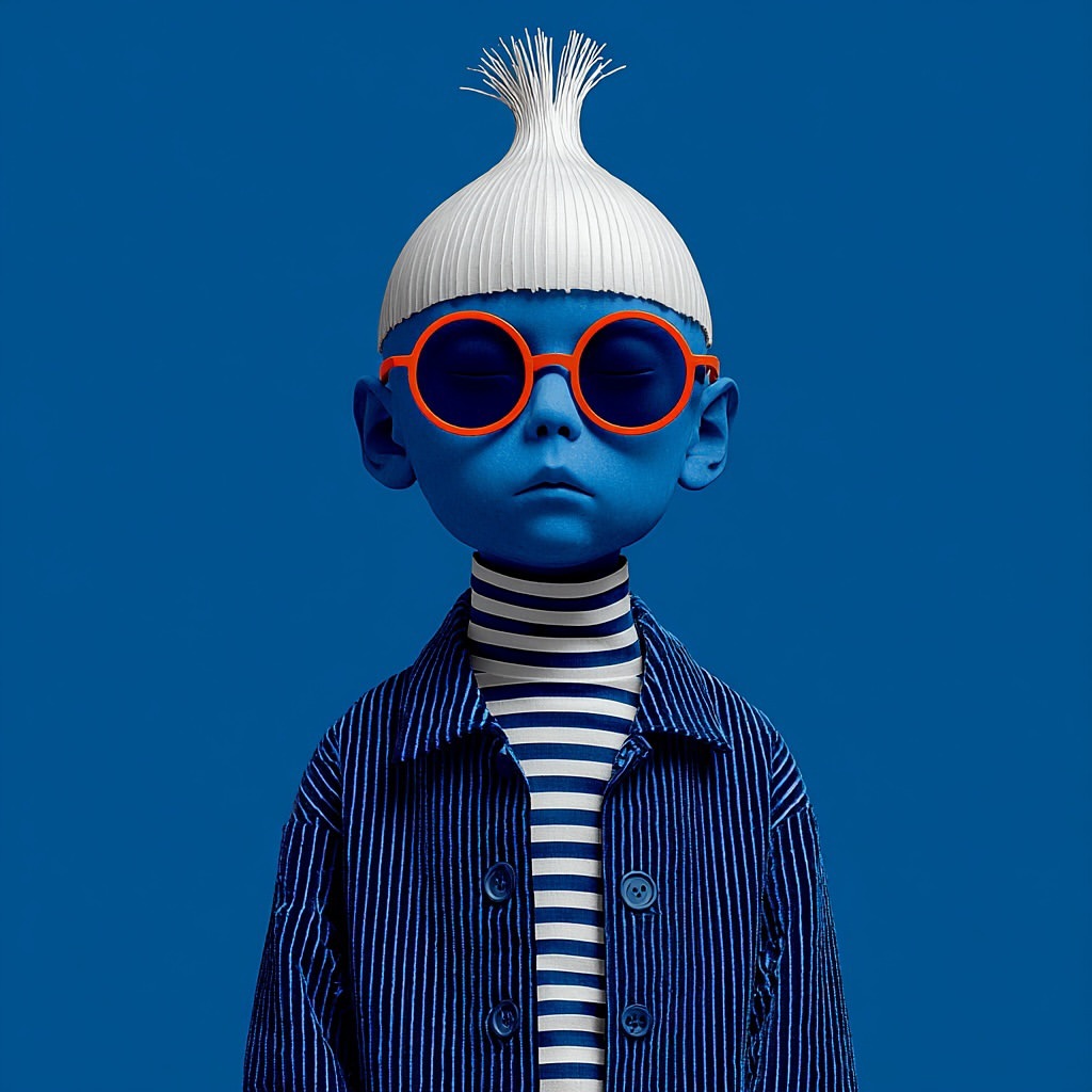 Illustration of a blue-skinned child with orange glasses, wearing a striped shirt and jacket against a solid blue background.