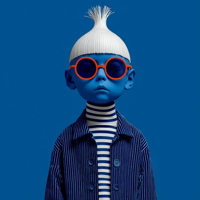 Illustration of a blue-skinned child with orange glasses, wearing a striped shirt and jacket against a solid blue background.