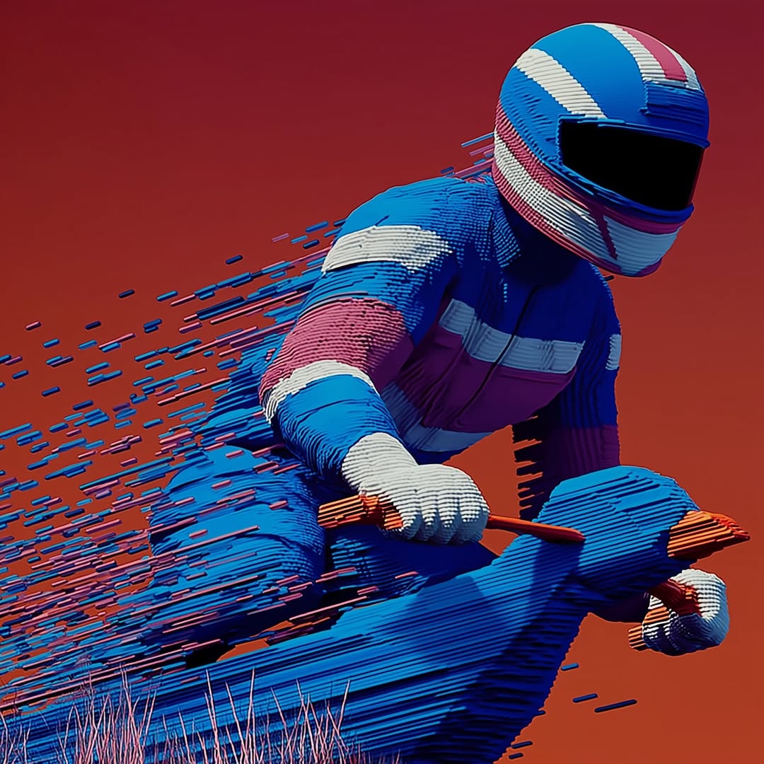 Digital art of a cyclist in a blue and pink uniform and helmet, created from pixelated blocks, against a vivid reddish-orange background.