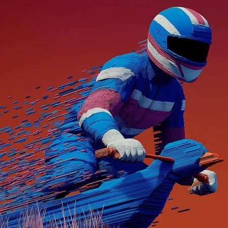 Digital art of a cyclist in a blue and pink uniform and helmet, created from pixelated blocks, against a vivid reddish-orange background.