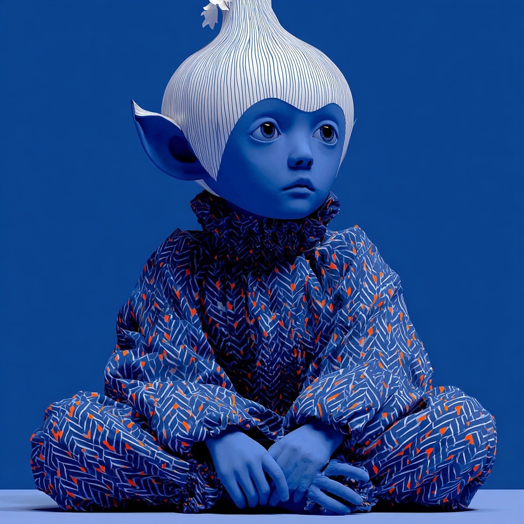 Artistic portrait of an otherworldly child with blue skin and an onion-shaped headpiece, wearing a geometrically patterned top against blue.