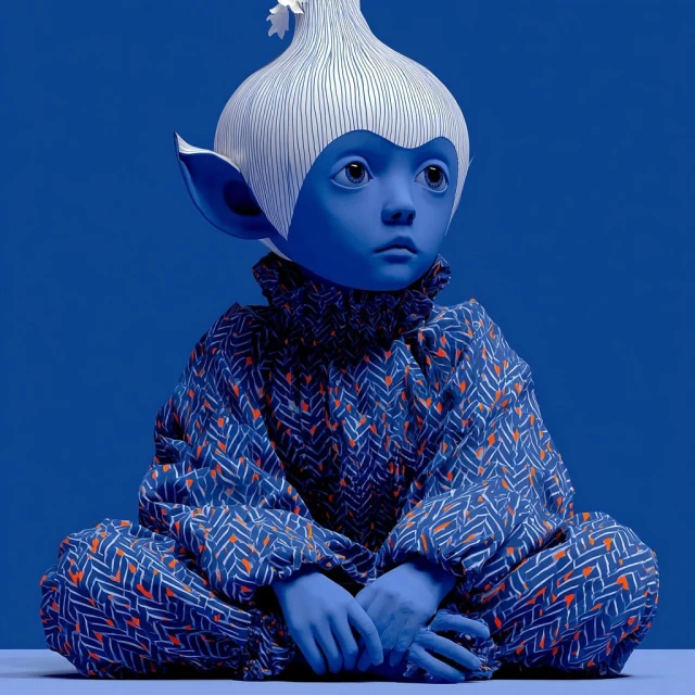 Artistic portrait of an otherworldly child with blue skin and an onion-shaped headpiece, wearing a geometrically patterned top against blue.