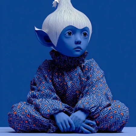 Artistic portrait of an otherworldly child with blue skin and an onion-shaped headpiece, wearing a geometrically patterned top against blue.
