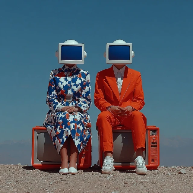 Two people with vintage television sets over their heads sit on analog TVs in an outdoor desert landscape on a sunny day.