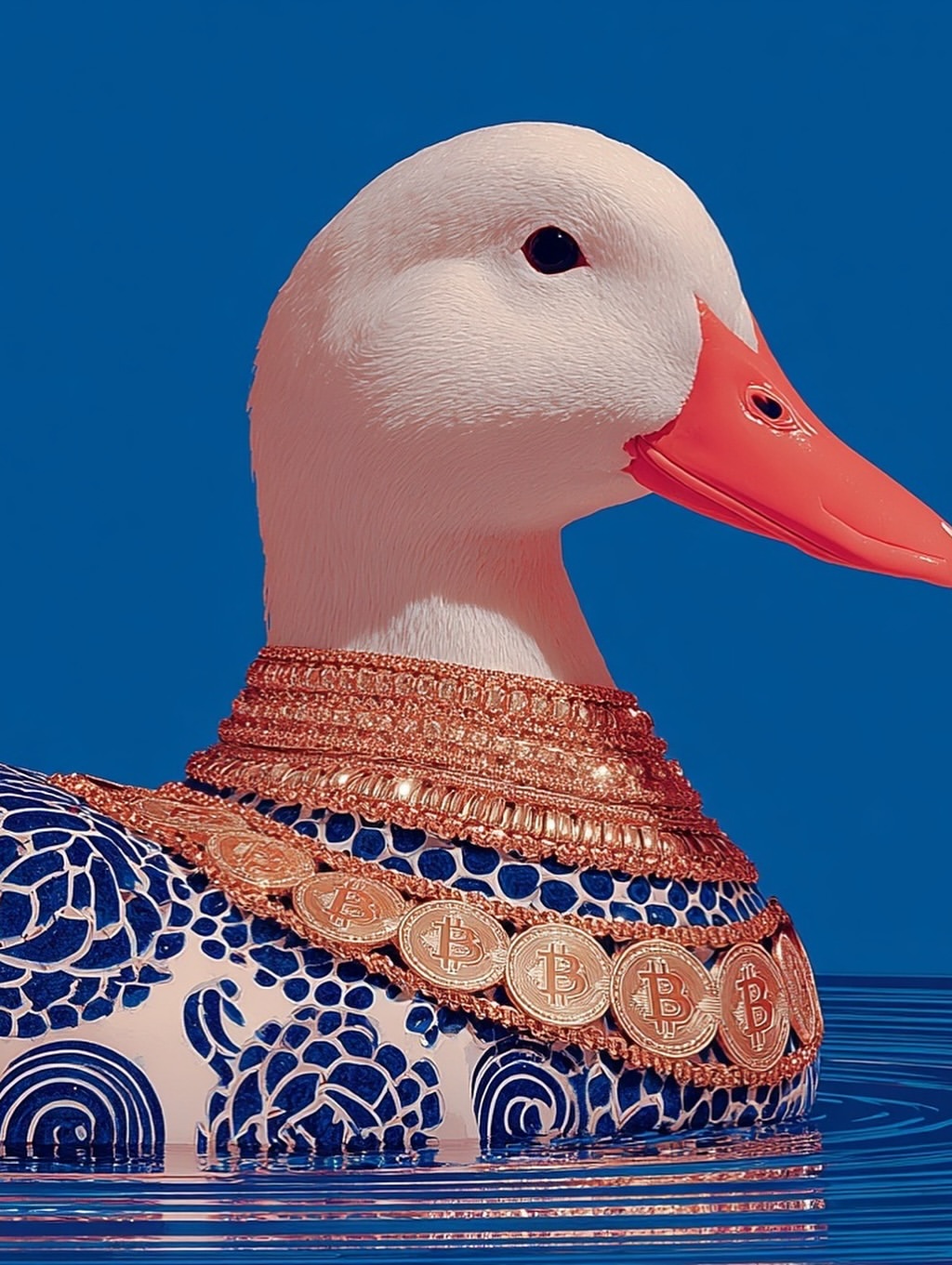A white duck figurine with a red beak wears gold coin necklaces and a decorative blue patterned collar while floating in water.