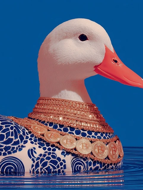 A white duck figurine with a red beak wears gold coin necklaces and a decorative blue patterned collar while floating in water.