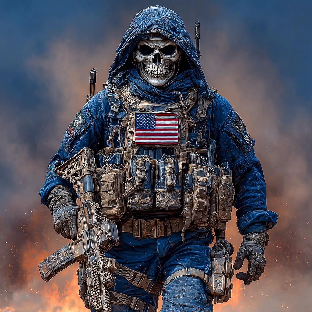 A figure with a skull mask in military gear holds an assault rifle against a backdrop of fire and blue skies with cloud details.