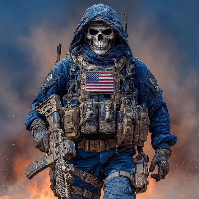 A figure with a skull mask in military gear holds an assault rifle against a backdrop of fire and blue skies with cloud details.