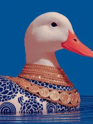 A white duck with blue-and-white porcelain patterns wearing layered gold bitcoin medallion necklaces floating on blue water.