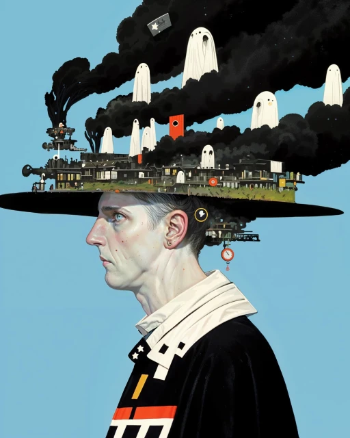 Illustration of a person in profile wearing a hat with miniature buildings, ghosts, and black smoke against a light blue background.