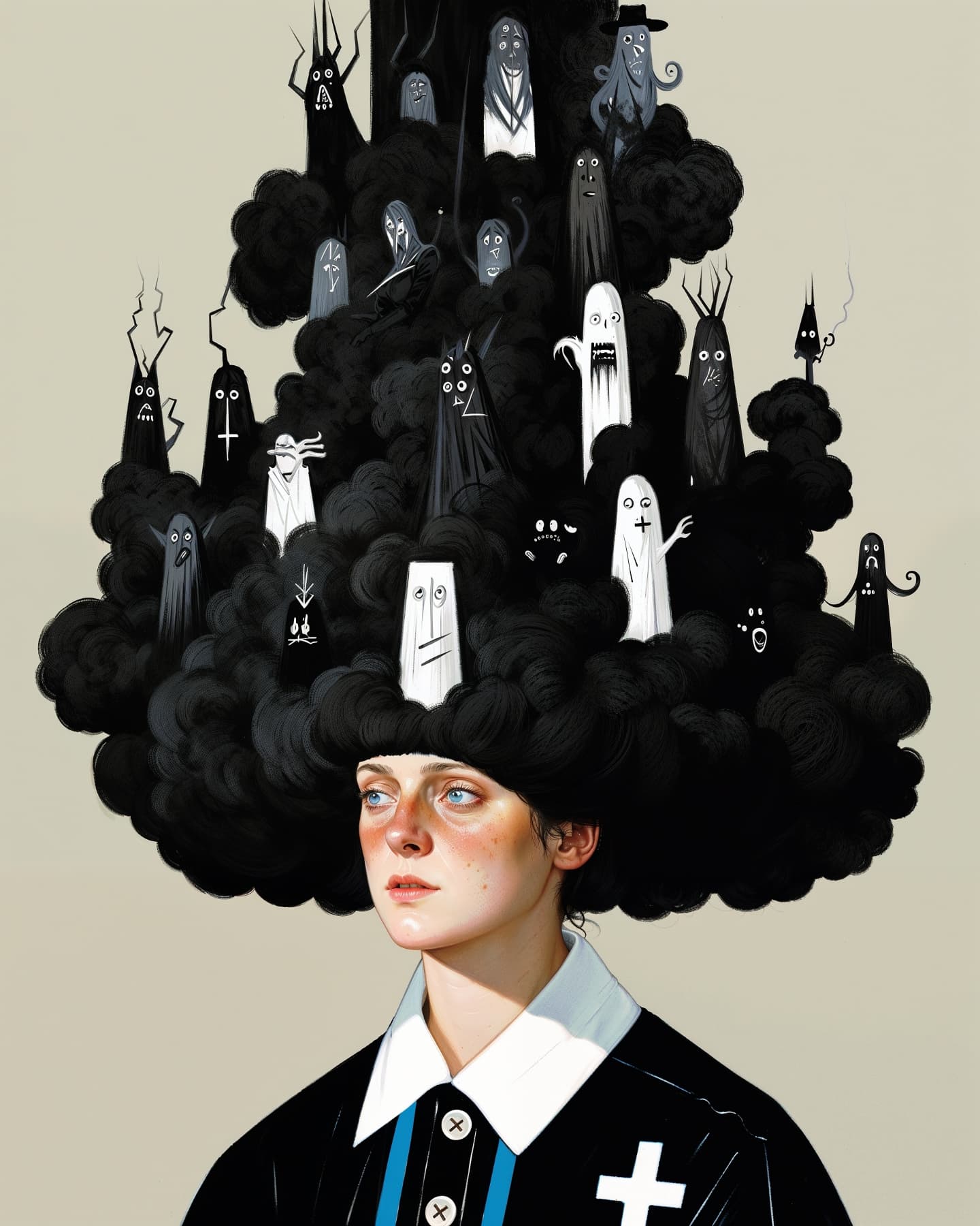 Illustration of a woman with blue eyes and a black shirt adorned with white cross, topped with a cloud of ghosts and monsters.