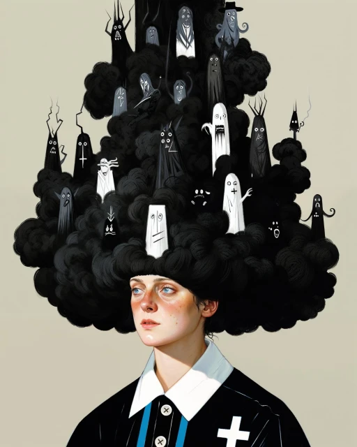 Illustration of a woman with blue eyes and a black shirt adorned with white cross, topped with a cloud of ghosts and monsters.