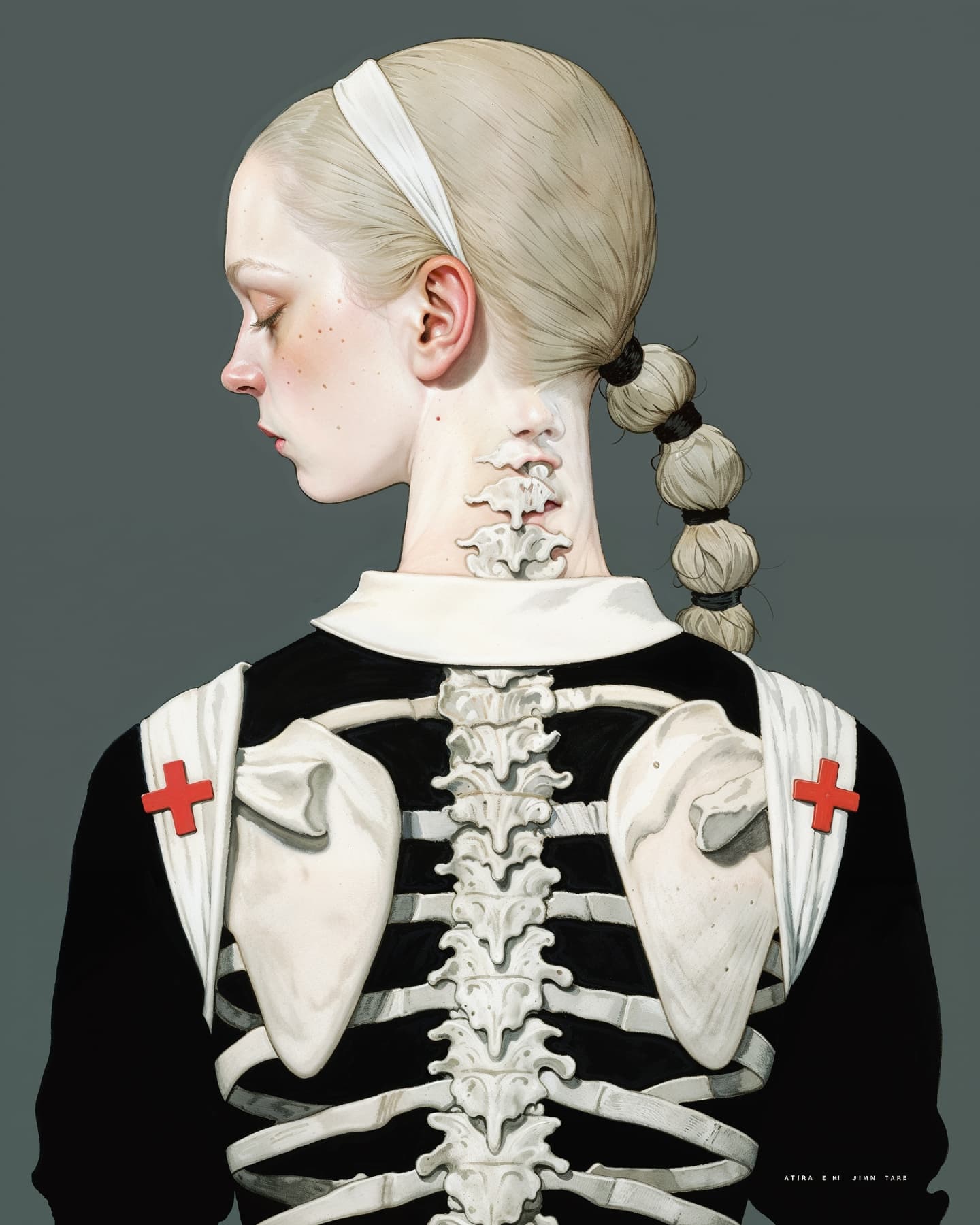 Illustration of a pale female with a braided ponytail and a skeleton design on the back of her black shirt with red crosses on the shoulders.