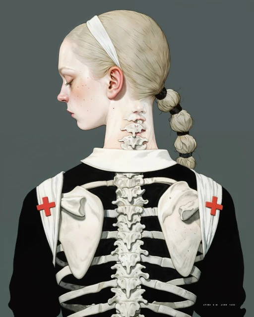 Illustration of a pale female with a braided ponytail and a skeleton design on the back of her black shirt with red crosses on the shoulders.