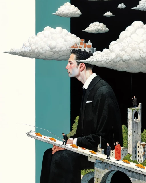 Conceptual artwork featuring a man with clouds and buildings around his head, miniature people fishing for orange fish on a bridge.