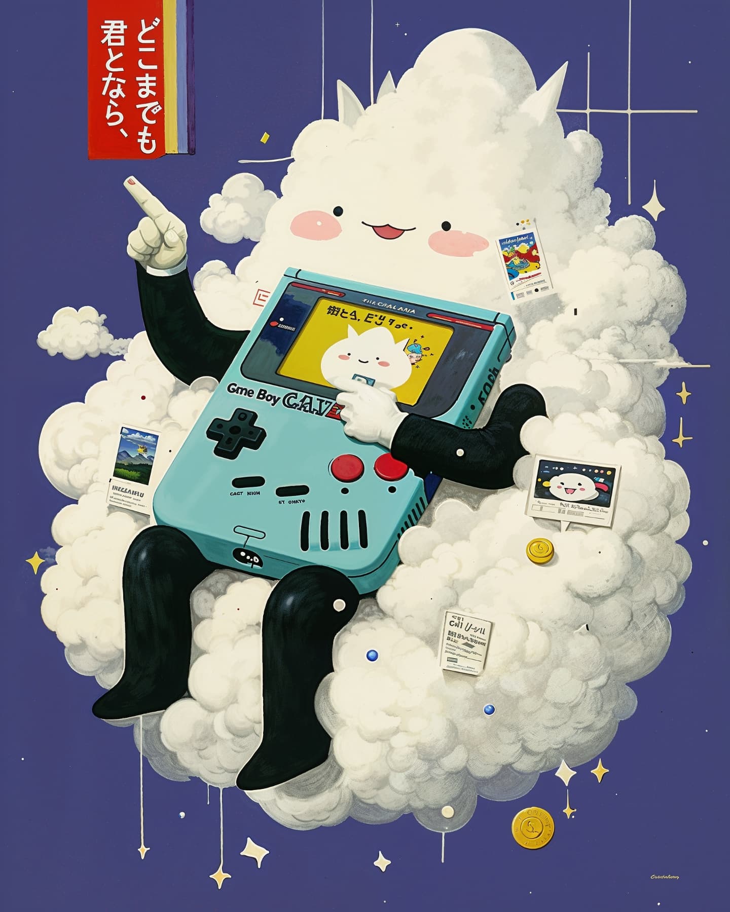 Charming illustration of a blue game console character with human arms/legs seated on a cloud, set against a deep blue backdrop.
