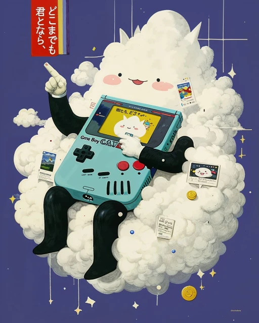 Charming illustration of a blue game console character with human arms/legs seated on a cloud, set against a deep blue backdrop.