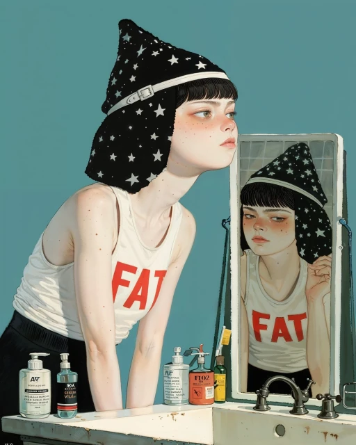 Woman with star-patterned hat reflected in bathroom mirror with soap and sink in an artful illustration style against teal background.