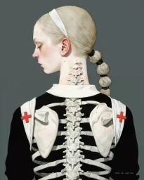 Digital illustration of a profile-facing woman with exposed cervical vertebrae and external spine harness over a black top