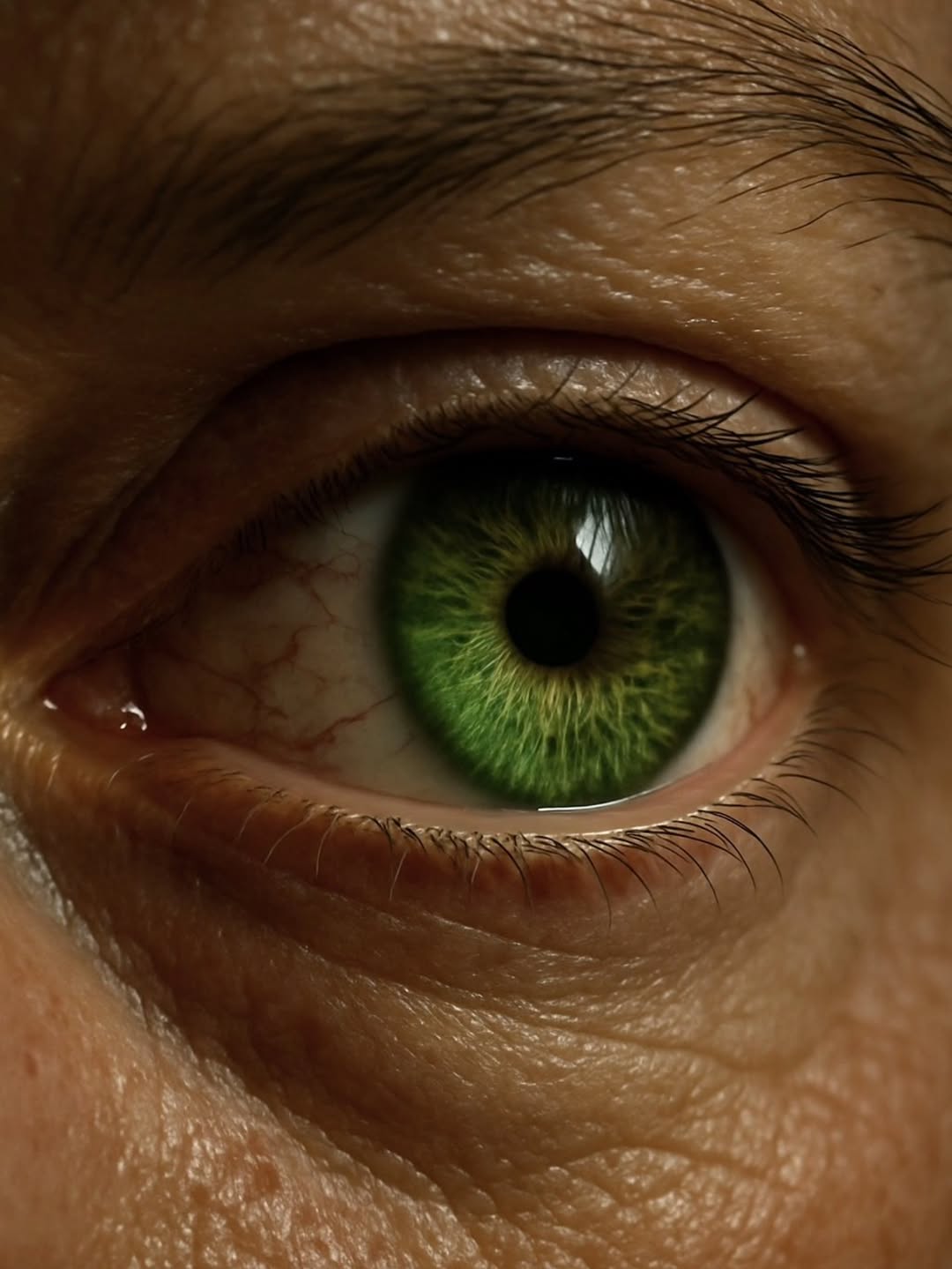 Macro photo of a green human eye with skin folds, eyelashes, and visible blood vessels. The iris is a mix of light and dark green shades.