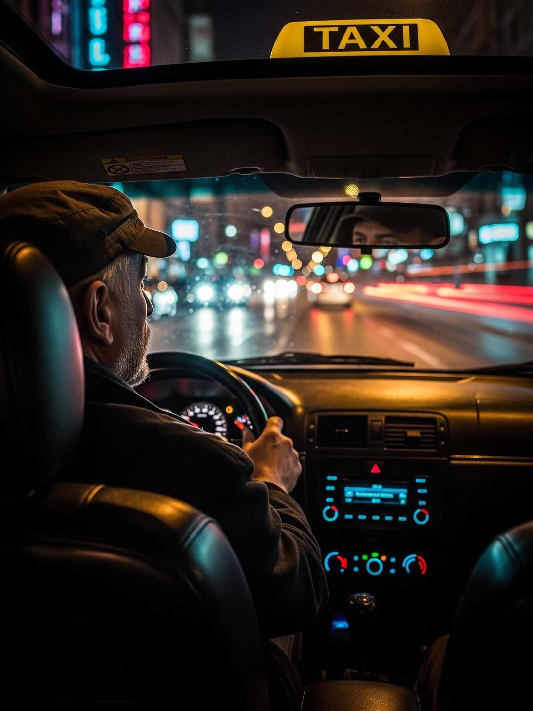 Interior shot of a taxi at night with an adult male driver wearing a cap, city lights blurred outside the windshield.