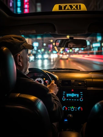 Interior shot of a taxi at night with an adult male driver wearing a cap, city lights blurred outside the windshield.