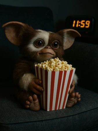 Brown and white Gremlin-like creature holds a popcorn box, sitting on a blue couch, illuminated by the glow of an alarm clock.