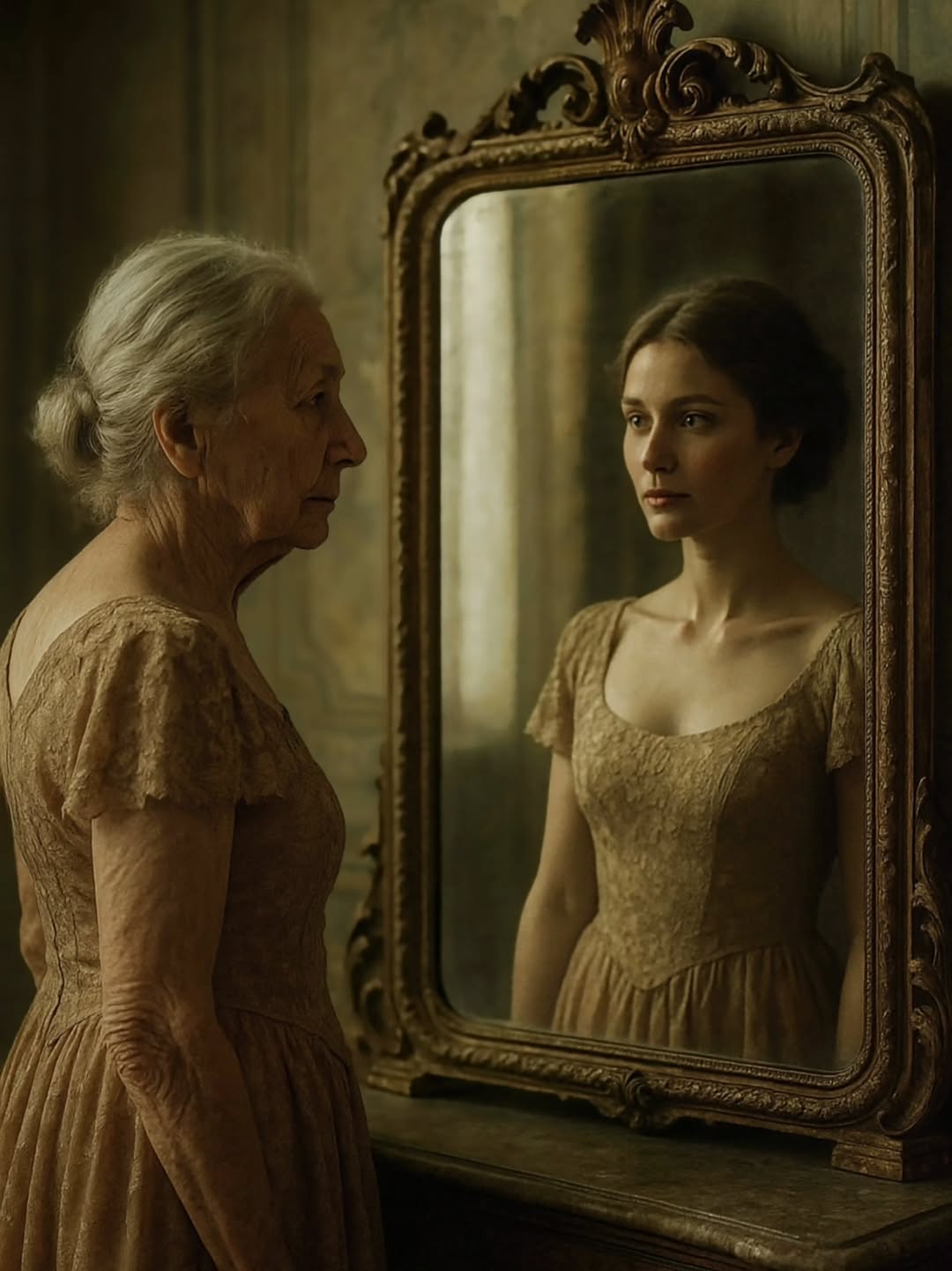 An elderly woman gazes into an antique mirror, reflecting a young woman in a vintage dress, evoking themes of aging and beauty.