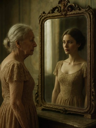 An elderly woman gazes into an antique mirror, reflecting a young woman in a vintage dress, evoking themes of aging and beauty.