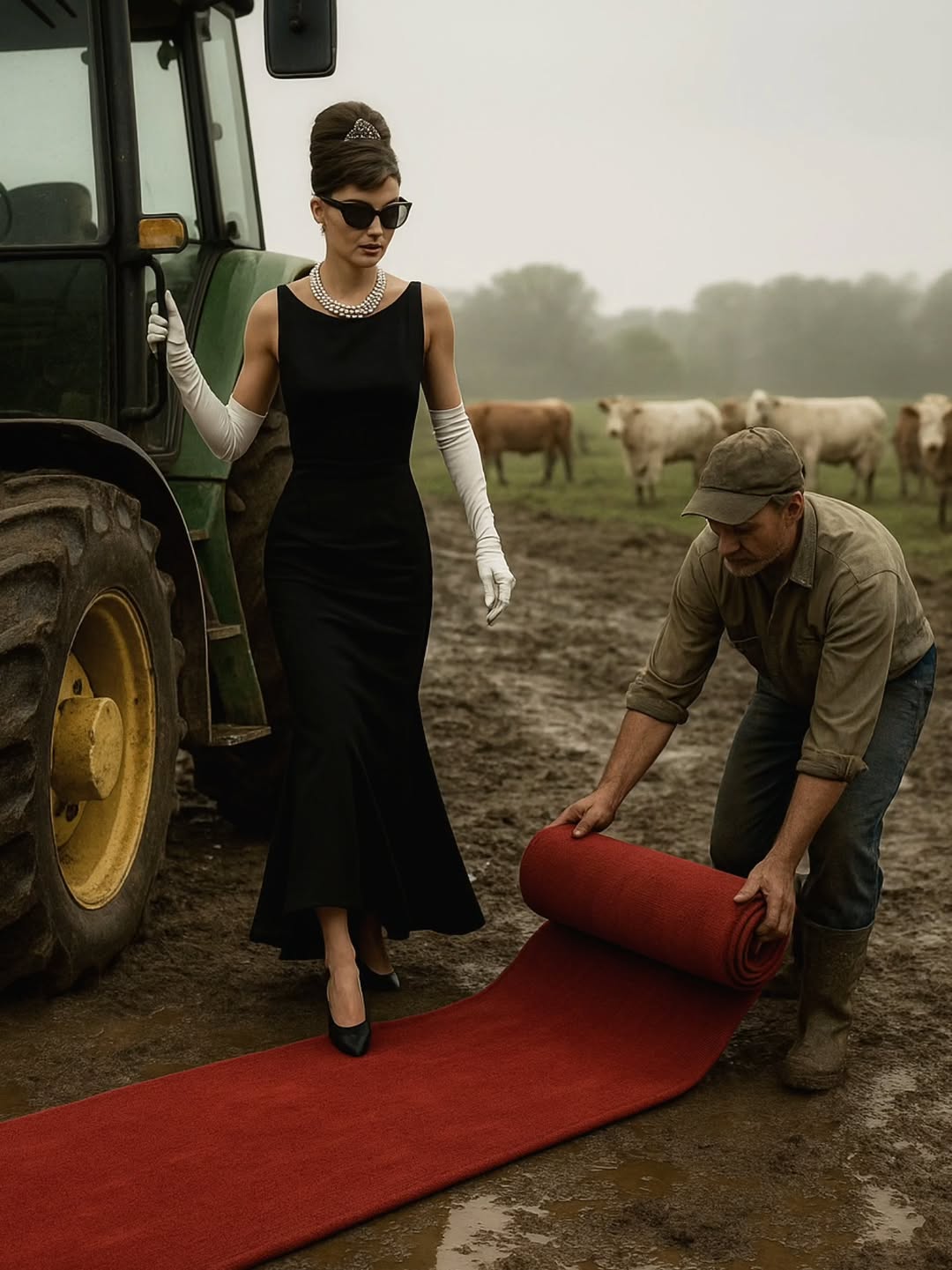 Woman in black gown on red carpet being unrolled in rural field, tractor and cows in background; editorial fashion photography.