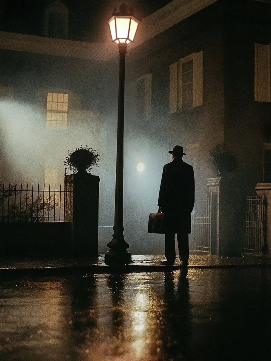 A man stands under a glowing streetlamp on a wet city street at night, holding a briefcase with buildings visible in the background.