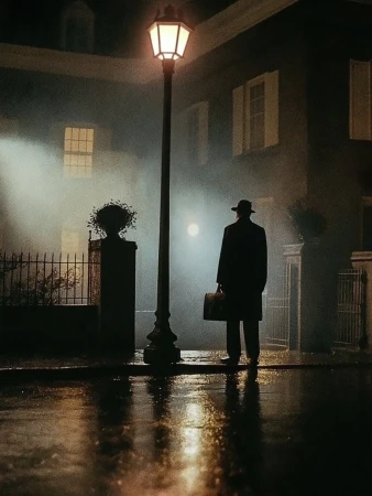 A man stands under a glowing streetlamp on a wet city street at night, holding a briefcase with buildings visible in the background.