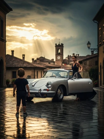 Classic car parked on a wet cobblestone street in a European town with a stylish woman and child nearby against a sunset sky.