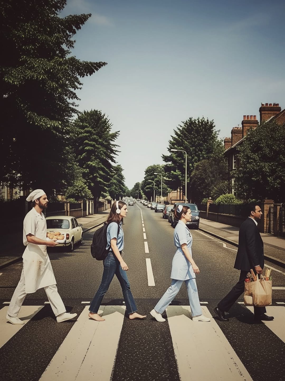 Four people cross a street on a zebra crossing, including a baker, student, nurse, and business man, on a tree-lined street.