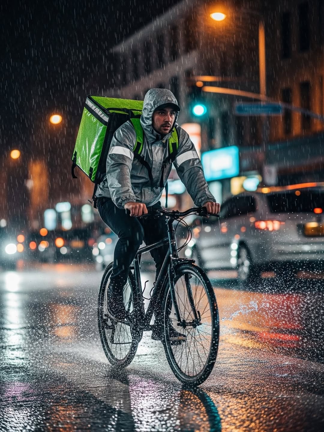 A person on a bicycle with a delivery backpack rides through a city street at night in the rain, with cars and streetlights visible.