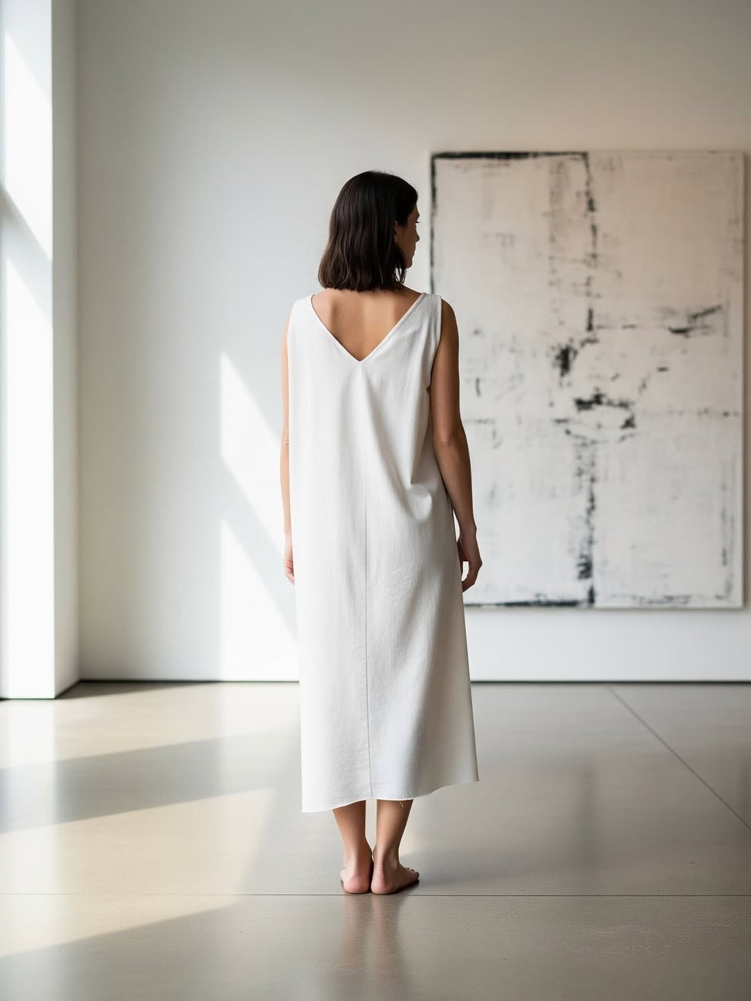 Woman in a cream-colored dress stands in a minimalist interior, facing away, with a large abstract painting on the wall.