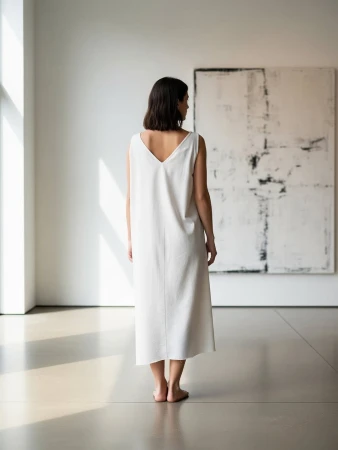 Woman in a cream-colored dress stands in a minimalist interior, facing away, with a large abstract painting on the wall.