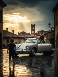 A woman in a black dress stands by a vintage silver sports car on a wet cobblestone street facing a child under dramatic sun rays.