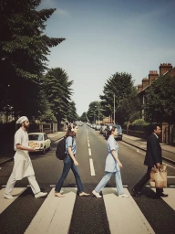 Four people in different occupational attire walking across a zebra crossing on a residential street by Andrea Tomasoni