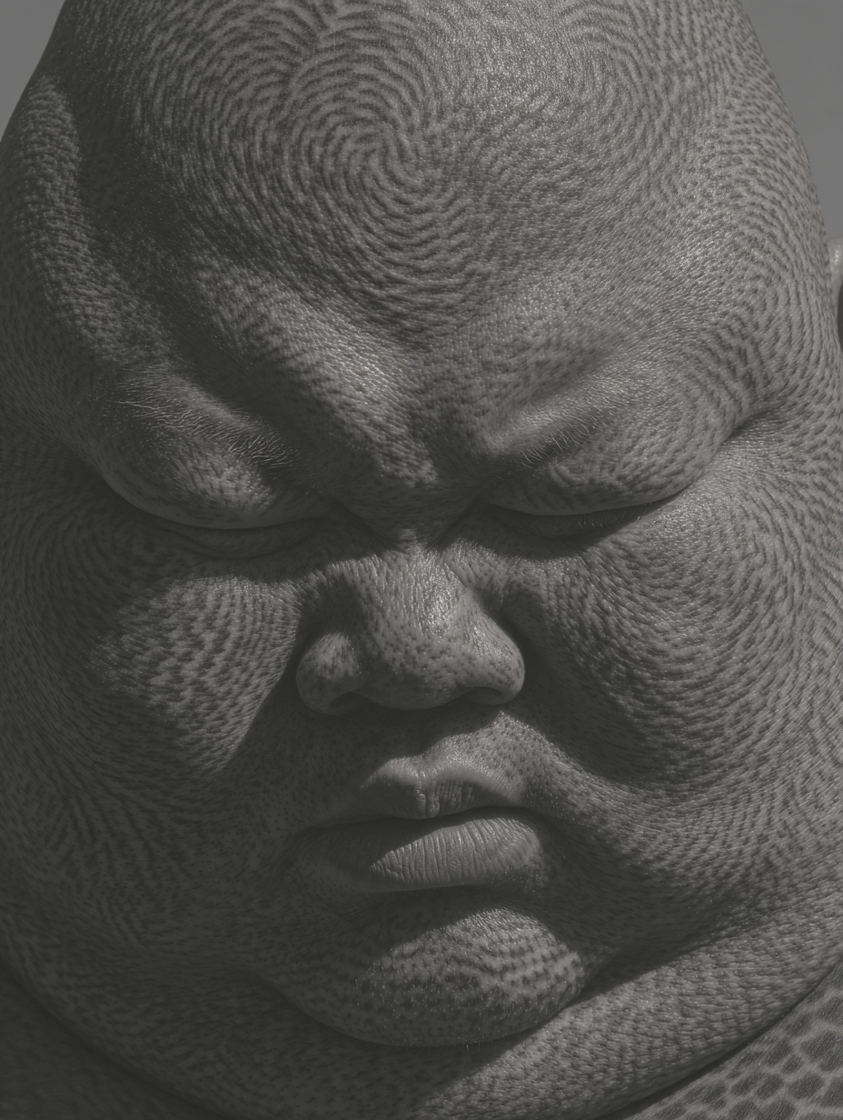 Close-up shot of an adult male's face, showcasing textured skin and a stoic expression in a greyish monochrome palette.