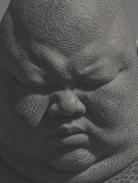 Close-up shot of an adult male's face, showcasing textured skin and a stoic expression in a greyish monochrome palette.