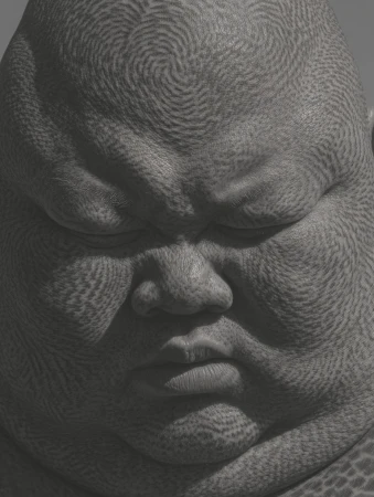 Close-up shot of an adult male's face, showcasing textured skin and a stoic expression in a greyish monochrome palette.