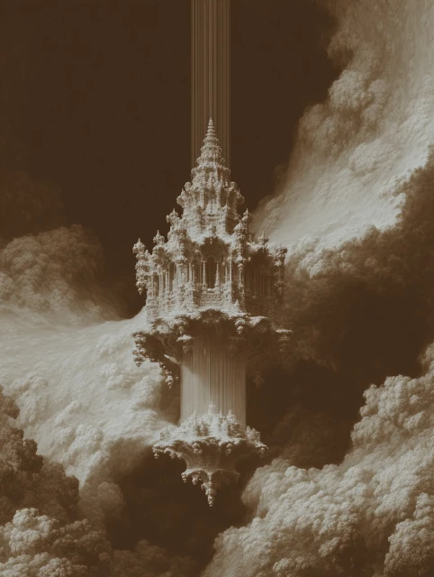 Fantasy structure in a cloudscape: An ornate, towering, pagoda-like construction pierces through white clouds against a dark sepia sky.